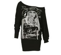 Womens Girl Print "KISS ME ROCK ME" Batwing Top / Size 8-14 (SM - UK(8-10), Black)