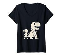 Womens Girl Walking T-Rex Pet on Leash Dinosaur Silhouette Funny V-Neck T-Shirt