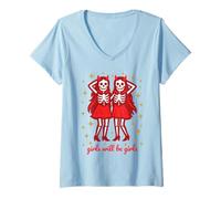 Womens Girl Will be Girls Creepy Ghost Twins Scary Devil Halloween V-Neck T-Shirt