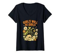 Womens Girl Will Be Girls Praying Mantis Retro Halloween V-Neck T-Shirt