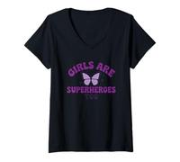 Womens Girls Are Superheroes Too Butterfly Purple Message V-Neck T-Shirt