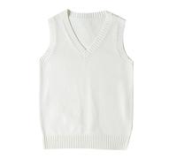 Womens Girls British Style Sweater Vest,Schoolwear Sleeveless V Neck Knitted Jumper Tank Top,Preppy Style Vintage Cable Knit Gilets Knitwear Sweatshirts,Solid Color Retro Ribbed Pullover White