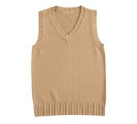 Womens Girls British Style Sweater Vest,Schoolwear Sleeveless V Neck Knitted Jumper Tank Top,Preppy Style Vintage Cable Knit Gilets Knitwear Sweatshirts,Solid Color Retro Ribbed Pullover Khaki