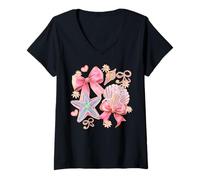 Women's Girls Coquette Pearl Bow Pink Starfish Seashell Summer Beach V-Neck T-Shirt