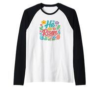 Women's Girls Easter Gift He is Risen Christian Religious Raglan Baseball Tee