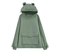 Womens Girls Frog Hoodies Zipper Mouth Hooded Pullover Sweatshirt with Large Pocket, Green, Medium