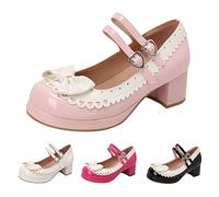 Women's Girls Kawaii Mid Block Heel Mary Jane Sweet Bowknot Double Buckle Strap Platform Round Toe Chunky Heel Cute Sweet Shoes Pumps Party Dress Shoes Footwear UK Size