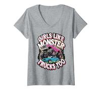 Womens Girls Like Monster Trucks Too Quote V-Neck T-Shirt