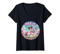 Womens Girls Princess Riding Unicorn Pre-K Back To School Girly V-Neck T-Shirt