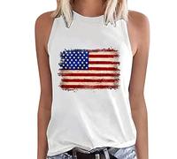 Women's Girls Sleeveless Tank Tops 2024 Fashion Women America Flag Print Top Shirt Tee Sleeveless Round Neck Loose T Shirt Vest Tee Blouse Casual Tank Tops Scoop (White, L)