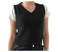 Women's Girls Sleeveless V-Neck Vintage Sweater Knitted Vest Casual Preppy Style Women Solid Sweater Vests Sleeveless Jumper V Neck Knitted Jumper Tank Top Casual Gilets Students Knit Gilets Black