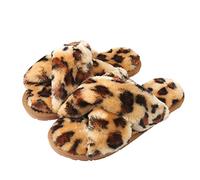 Womens & Girls Slippers Ladies Fluffy Plush House Slippers Cozy Open Toe Faux Fur Sliders for Girls Warm Sandals Indoor Winter Label Size 30-31 Brown Leopard Child 10.5-11.5