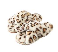Womens & Girls Slippers Ladies Fluffy Plush House Slippers Cozy Open Toe Faux Fur Sliders for Girls Warm Sandals Indoor Winter Label Size 40-41 White Leopard UK 6-7
