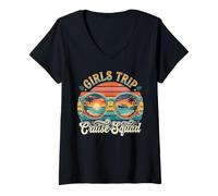 Women's Girls Trip Cruise Squad Retro Beach Sunset Vacation Graphics V-Neck T-Shirt