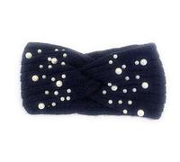 Women's Girls Winter Warm Embellished Knitted Headband Woolly Knit Head Ear Warmer Wrap Sweatband with Pearl Motifs UK (Navy Blue)