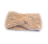 Women's Girls Winter Warm Embellished Knitted Headband Woolly Knit Head Ear Warmer Wrap Sweatband with Pearl Motifs UK (Blush Pink)