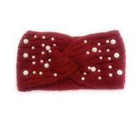 Women's Girls Winter Warm Embellished Knitted Headband Woolly Knit Head Ear Warmer Wrap Sweatband with Pearl Motifs UK (Deep Red/Burgundy)