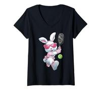 Women's Girls Womens Pickleball Player Rabbit Easter Bunny Pink V-Neck T-Shirt