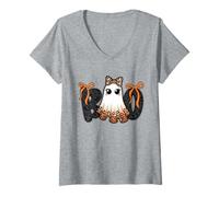 Womens Girly Boo Ghost Halloween Coquette Bow Black Lace Leopard V-Neck T-Shirt