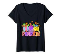 Womens Girly Hello Pumpkin Halloween Coquette Bow Spooky Season V-Neck T-Shirt