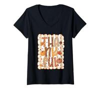 Womens Girly Thankful Thanksgiving Pumpkin Autumn Season Fall Vibes V-Neck T-Shirt