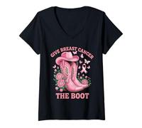 Womens Give Breast Cancer The Boot Cowgirl Cancer Awareness Ribbon V-Neck T-Shirt