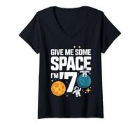 Womens Give Me Some Space I'm 7 Astronaut Kids Birthday Party V-Neck T-Shirt