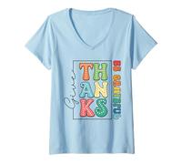 Womens Give Thanks Be Grateful - Groovy Thankful Vibes Thanksgiving V-Neck T-Shirt