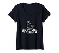 Women's Give Thanks to The Lord Psalm 107:1 Pumpkin Line Art V-Neck T-Shirt