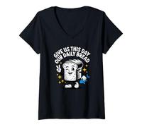 Womens Give Us This Day Our Daily Bread Retro Cartoon V-Neck T-Shirt