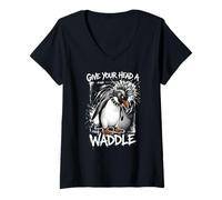 Women's Give Your Head A Wabble Penguin Headbanging V-Neck T-Shirt