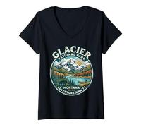 Women's Glacier National Park Montana Retro Nature Adventure Badge V-Neck T-Shirt