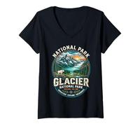 Women's Glacier National Park Montana Vintage Emblem Mountain Goat V-Neck T-Shirt