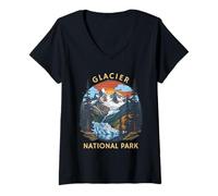 Womens Glacier National Park Retro Sunset Mountain V-Neck T-Shirt