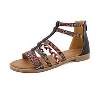 Women's Gladiator Sandals Summer Flat Boho ethnic style colorful stitching Strappy Sandals Trendy Roman Shoes with Zipper(Color:Black,Size:6)
