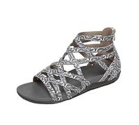Women's Gladiator Sandals Summer Flat Ladies Fashion Open Toe Strappy Sandals Boho Rhinestone Back Zip up Shoes Breathable Non Slip Beach Shoes