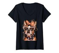 Women's Glam Boston Terrier with Sunglasses Boujee Dog Halloween V-Neck T-Shirt