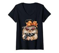 Women's Glam Hedgehog with Pearls Sunglasses Boujee Animal Halloween V-Neck T-Shirt