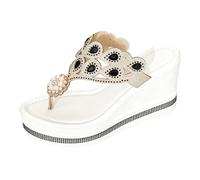 Women's Glam Pearl Rhinestone Thong Wedge Sandals Elegant Platform Flip Flops for Party Vacation Evening Open Toe Slides Black 7.5