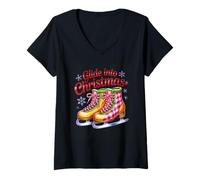 Womens Glide Into Christmas Ice Skates Snowflakes V-Neck T-Shirt