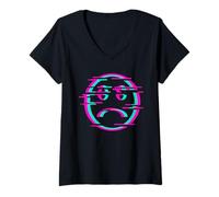 Womens Glitch Sad Face Digital Art Cyber Culture Vaporwave V-Neck T-Shirt