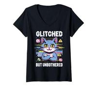 Womens Glitched But Unbothered Pixel Cat Retro Gaming Gamer Gift V-Neck T-Shirt