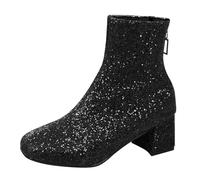 Women's Glitter Ankle Boots Round Head Chunky Heel Boots Black