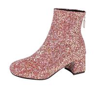 Women's Glitter Ankle Boots Round Head Chunky Heel Boots Pink