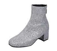 Women's Glitter Ankle Boots Round Head Chunky Heel Boots Silver