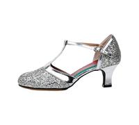 Women's Glitter Ballroom Dance Shoes-Elegant Silver Kitten Heel Latin Salsa Pumps With T-Strap For Stage Performance Or Practice,Silver 3cm,42