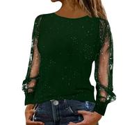 Womens Glitter Blouse Tops With Sheer Mesh Long Sleeves Fully Body Sequined Round Neck Lined Sequin Blouses T-Shirt Spring Pullover Casual Nights Out Shirt Tops Sparkly Party Evening Fancy Dress Tunic