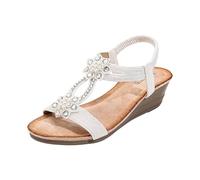 Womens Glitter Bohemian Sandals Summer Orthopedic Wedge Heels Open Toe Elastic Slingback Roman Beach Sandal Ladies Wide Fit Arch Support Platform Strappy Sliders Walking Shoes (White, 7)