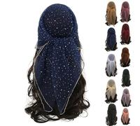 Women's Glitter Decor Head Scarf 31.5” Rhinestone Sparkle Sequin Square Hair Wrap Scarves Summer Fashion Mesh Bandana (Navy,80 * 80cm)