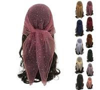 Women's Glitter Decor Head Scarf 31.5” Rhinestone Sparkle Sequin Square Hair Wrap Scarves Summer Fashion Mesh Bandana (Light Red,80 * 80cm)